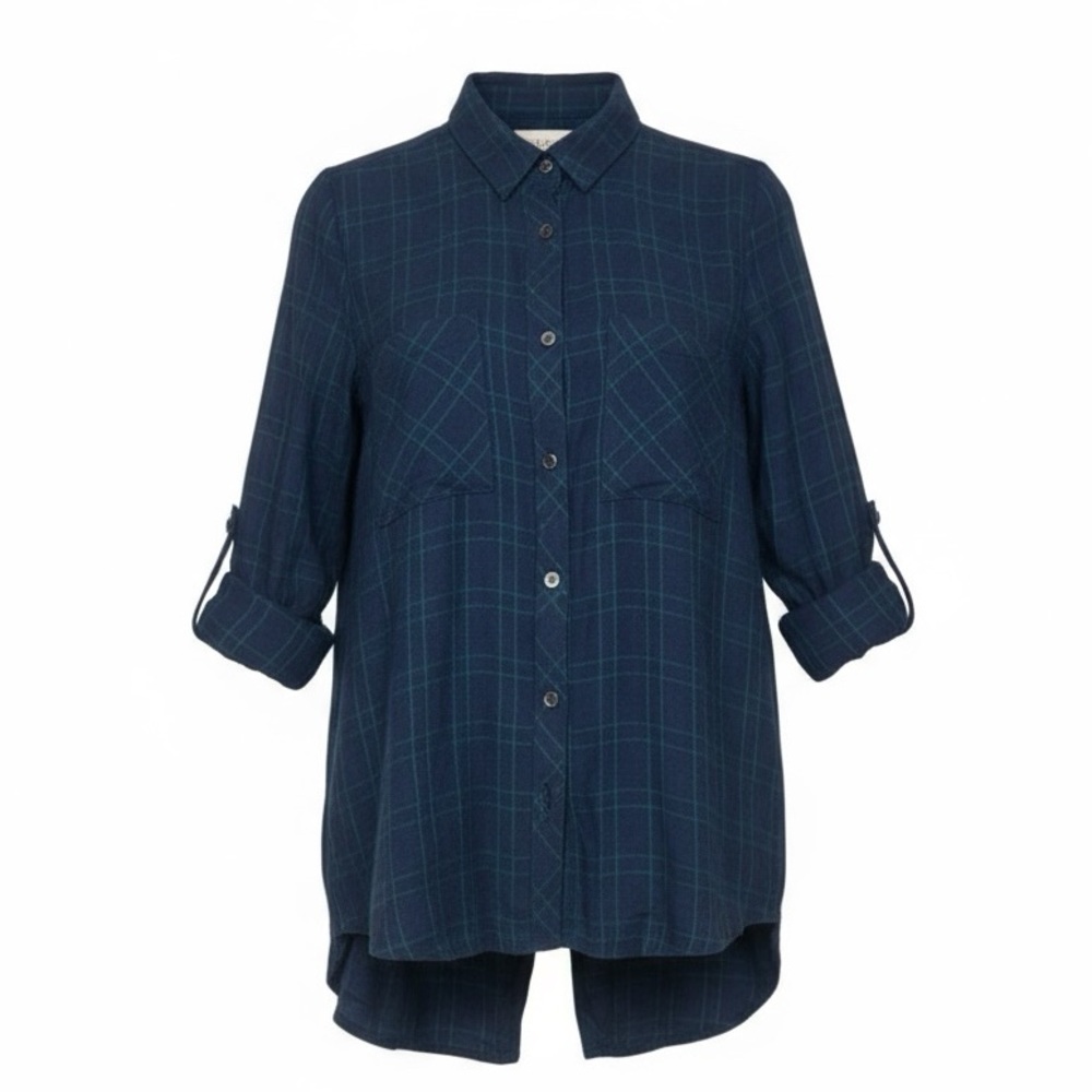 New Stitch Fix Laju Farrid Split Back Top Womens Small Dark Green Plaid Roll Slv